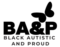 Black Autistic and Proud logo with a transparent background and black text